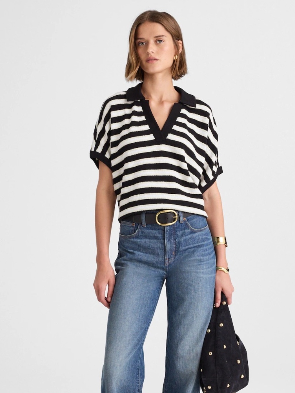 Madewell Relaxed V-Neck Polo Shirt in Stripe, Size L